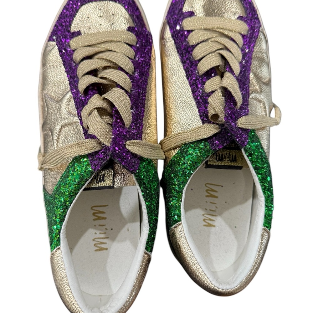 Miu Miu Gold Sneakers with Green and Purple Glitter